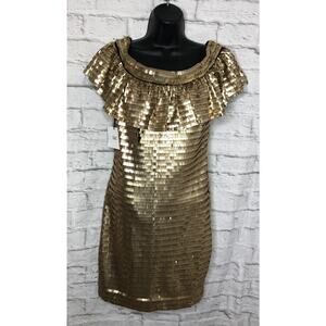 $348 Sho Women's Gold Sequined Ruffled Off-The-Shoulder Sheath Dress Size 6